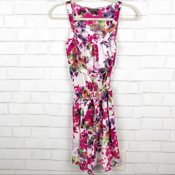 Express Floral Sleeveless Tie Waist Ruffle A-Line Mini Dress Multicolor Size XS - Picture 1 of 7